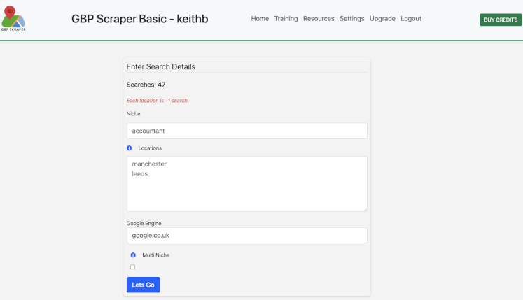 GBP Scraper basic screen