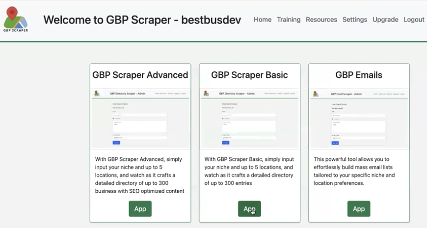 gbp scraper tools screen